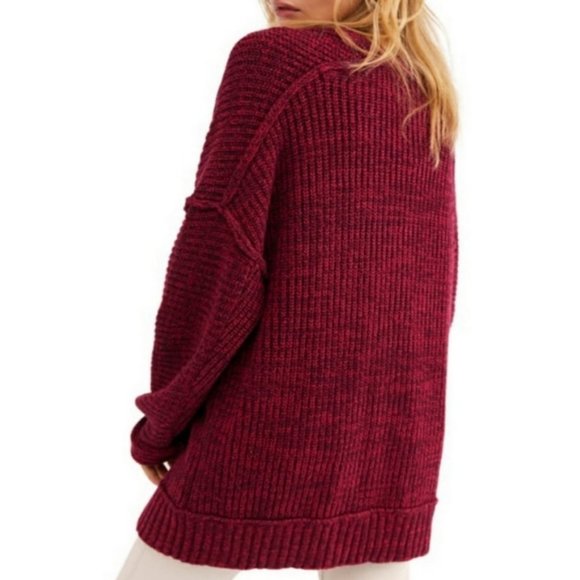 Free People High Hopes Plum Blossom Burgundy Red Chunky Knit Cardigan Size XS - Picture 2 of 5
